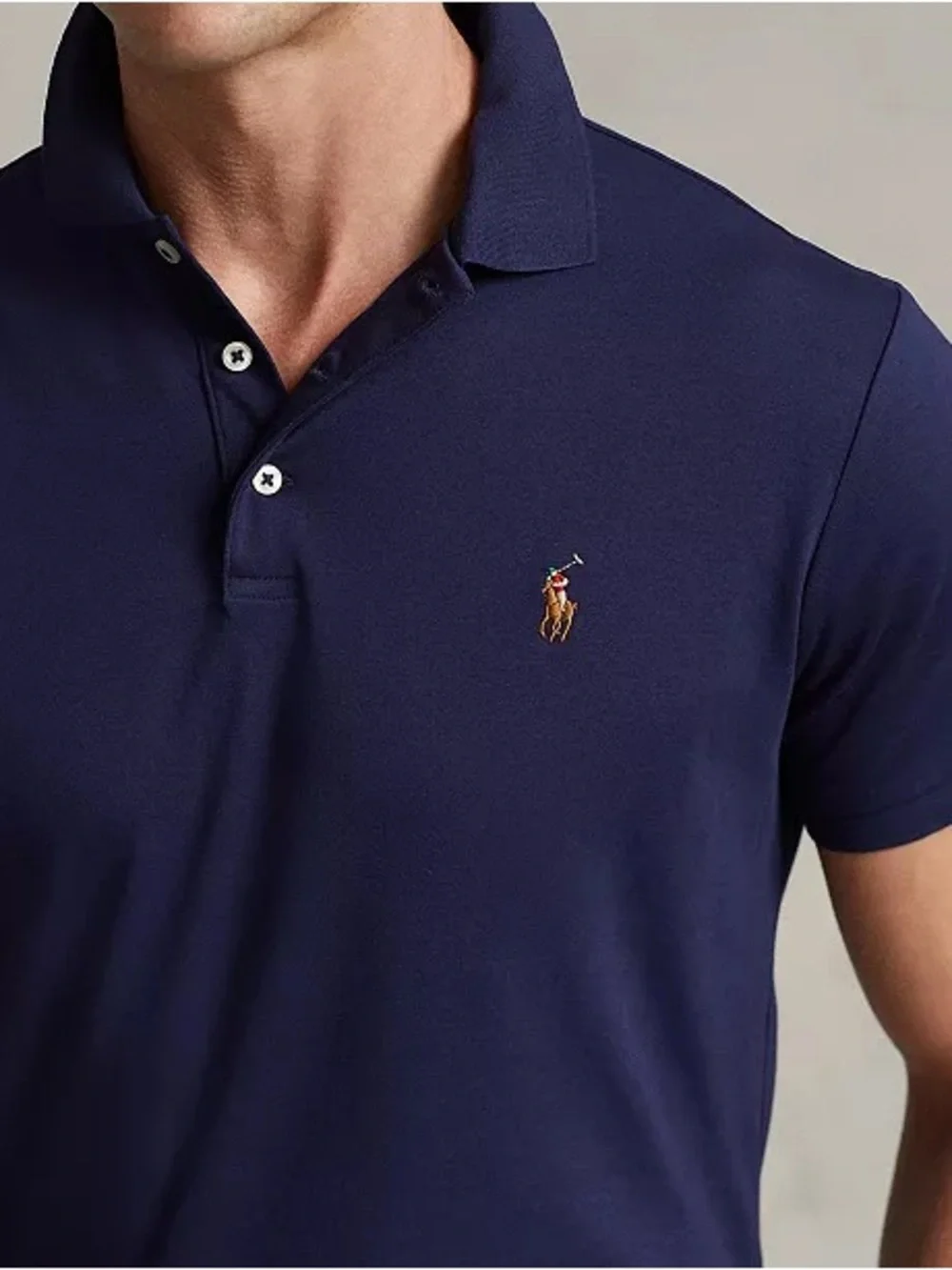 Ralph Lauren Slim Fit Soft Cotton Navy Polo with Tan Pony Embroidery L